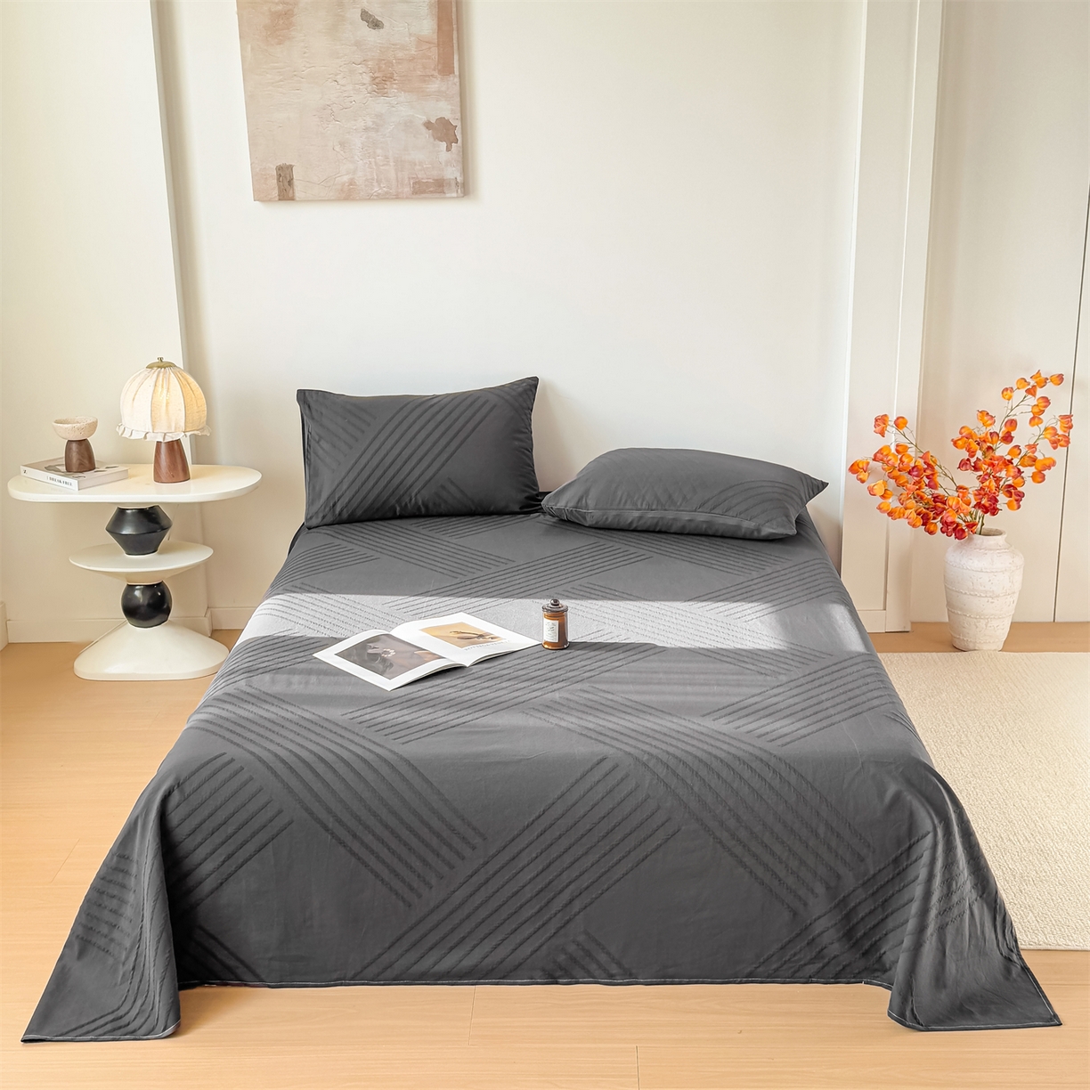 女子家纺 2026新款全棉厚织三层水洗色织提花床单 云汐-素墨