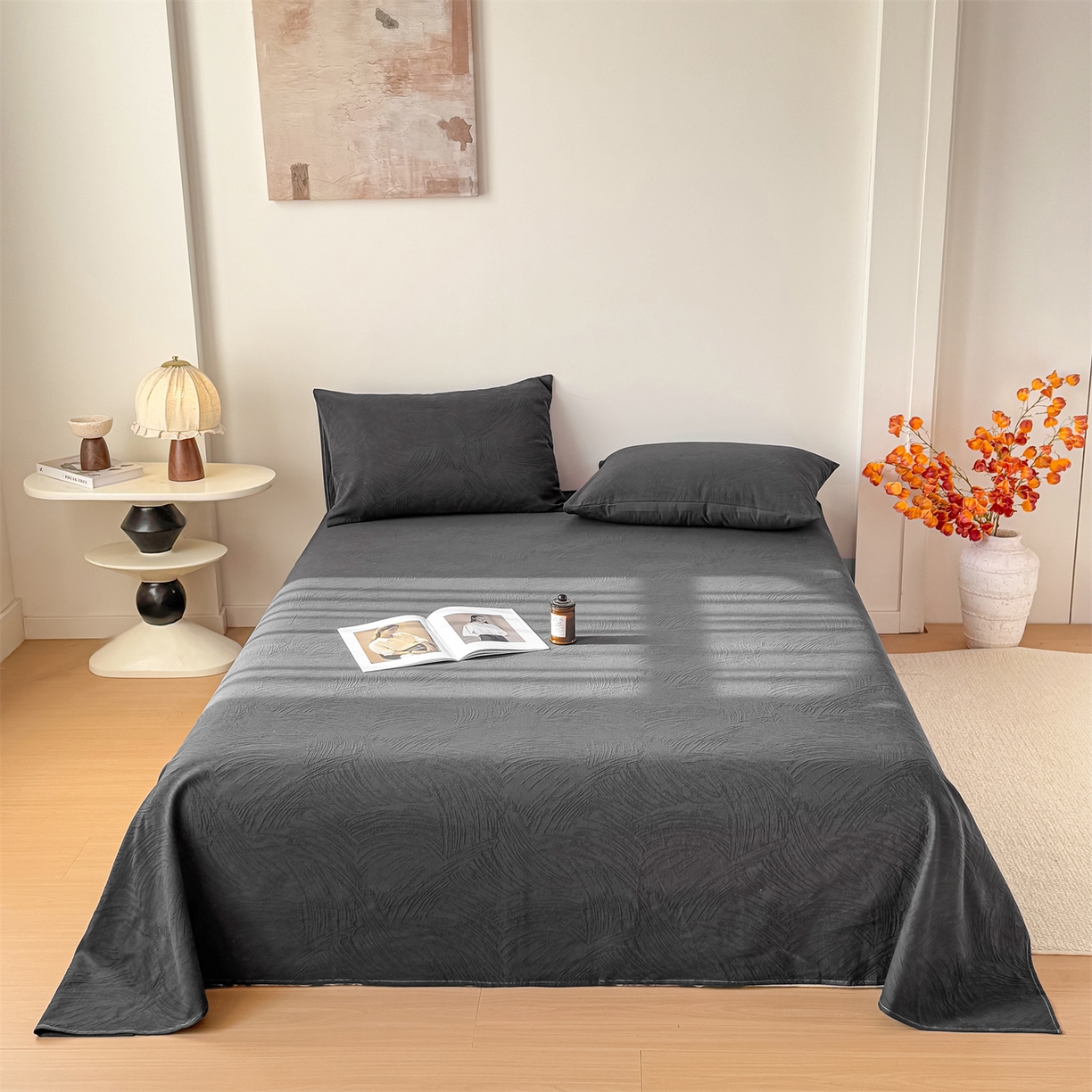 女子家纺 2026新款全棉厚织三层水洗色织提花床单 柔丝漫语-素墨