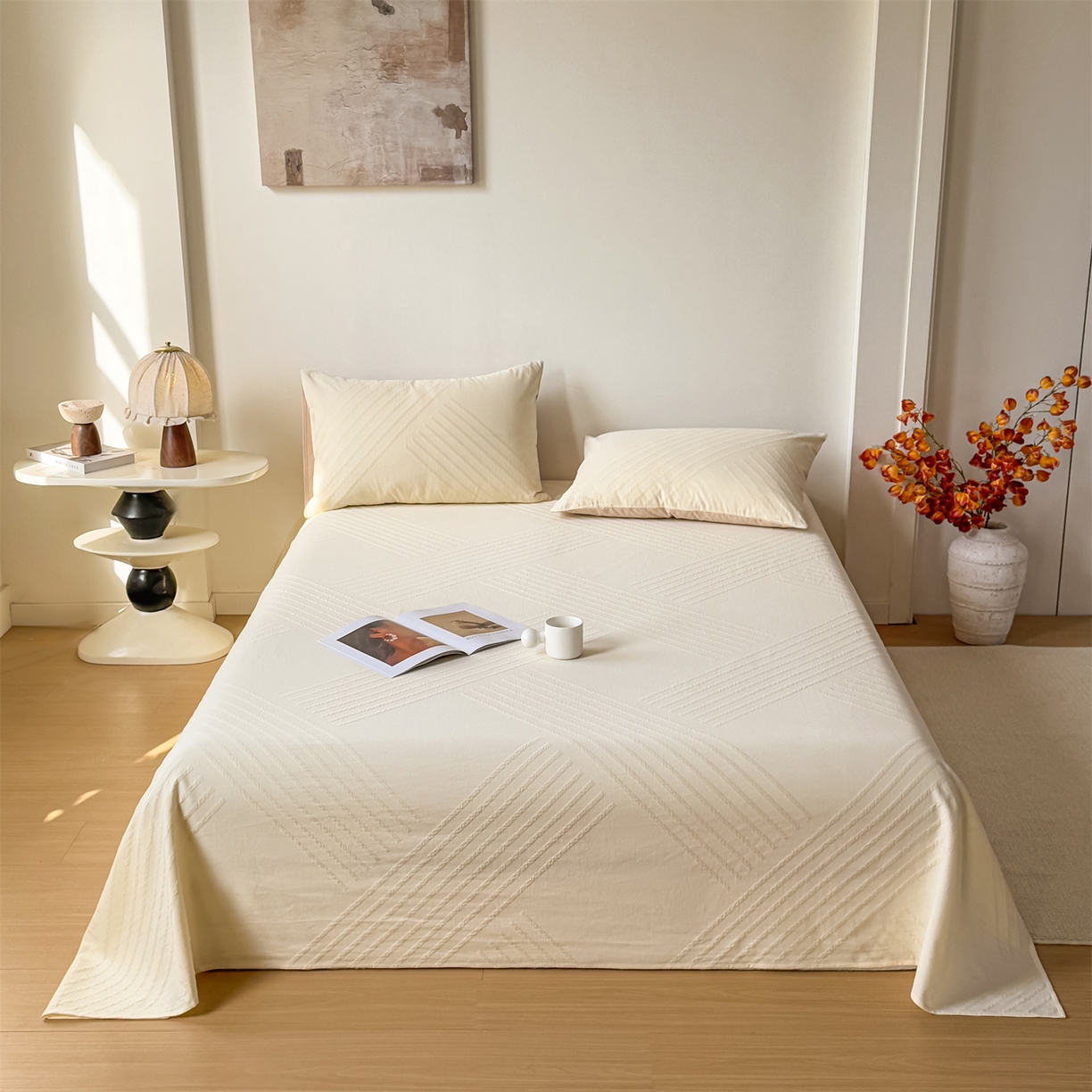 女子家纺 2026新款全棉厚织三层水洗色织提花床单 云汐-杏仁奶霜