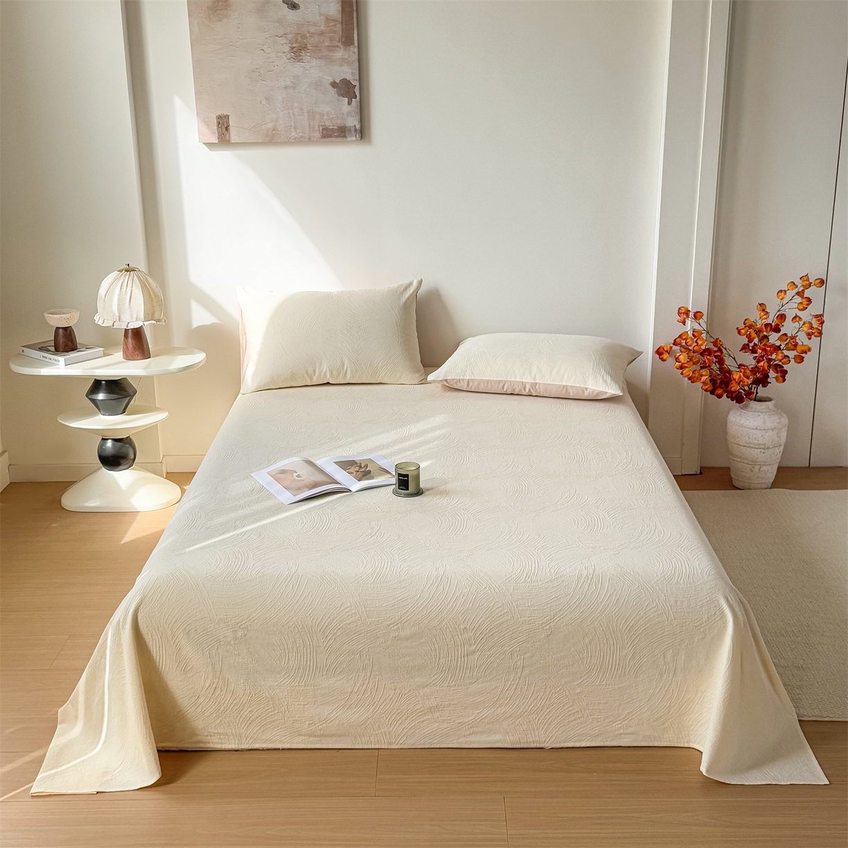 女子家纺 2026新款全棉厚织三层水洗色织提花床单 柔丝漫语-杏仁奶霜