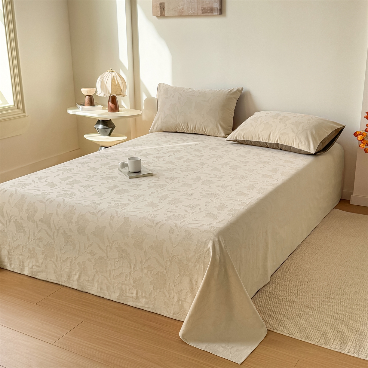 91家纺网 家纺一手货源 找家纺 女子家纺 2026新款全棉厚织三层水洗色织提花床单 芳菲-可可奶咖