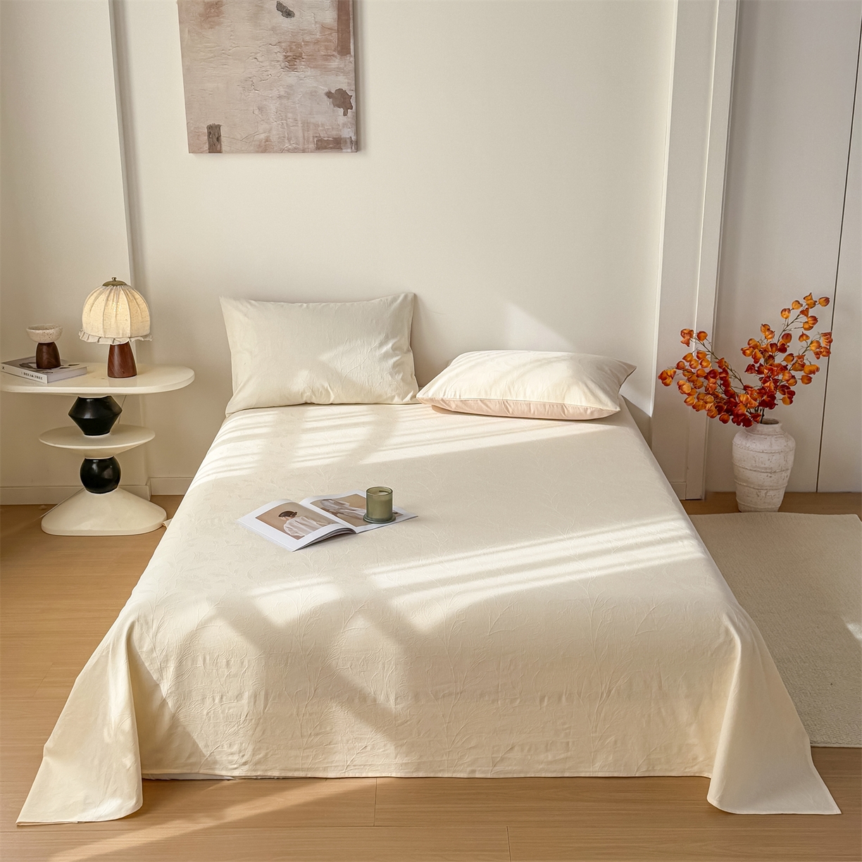 女子家纺 2026新款全棉厚织三层水洗色织提花床单 芳菲-杏仁奶霜