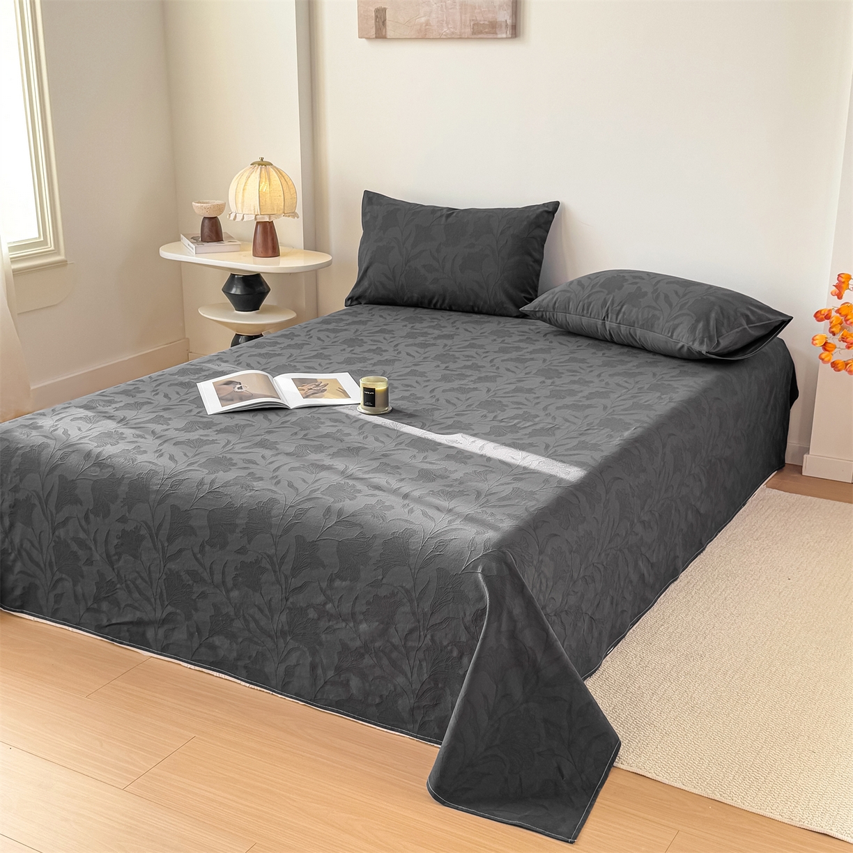 91家纺网 家纺一手货源 找家纺 女子家纺 2026新款全棉厚织三层水洗色织提花床单 芳菲-素墨