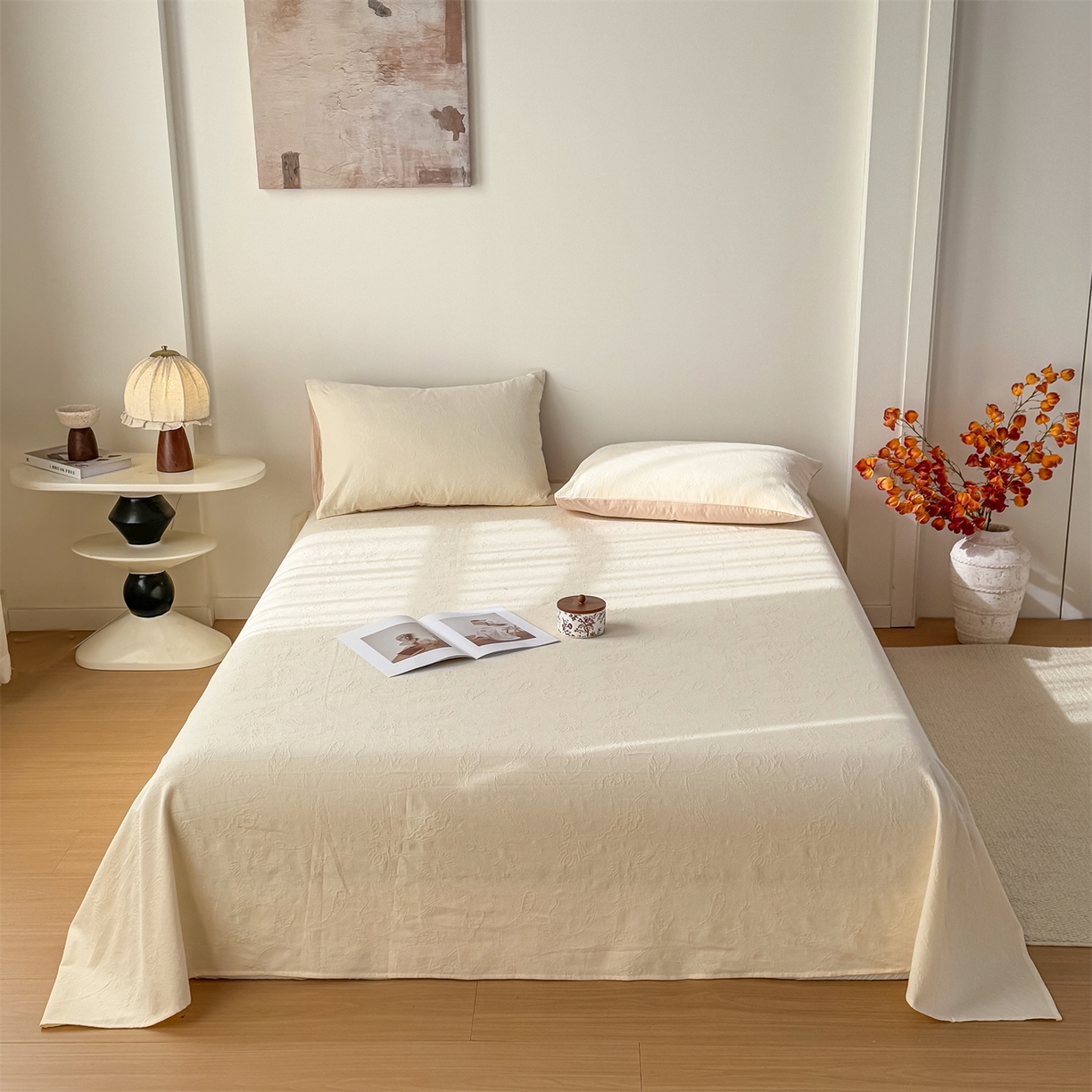 女子家纺 2026新款全棉厚织三层水洗色织提花床单 罗格西亚-杏仁奶霜