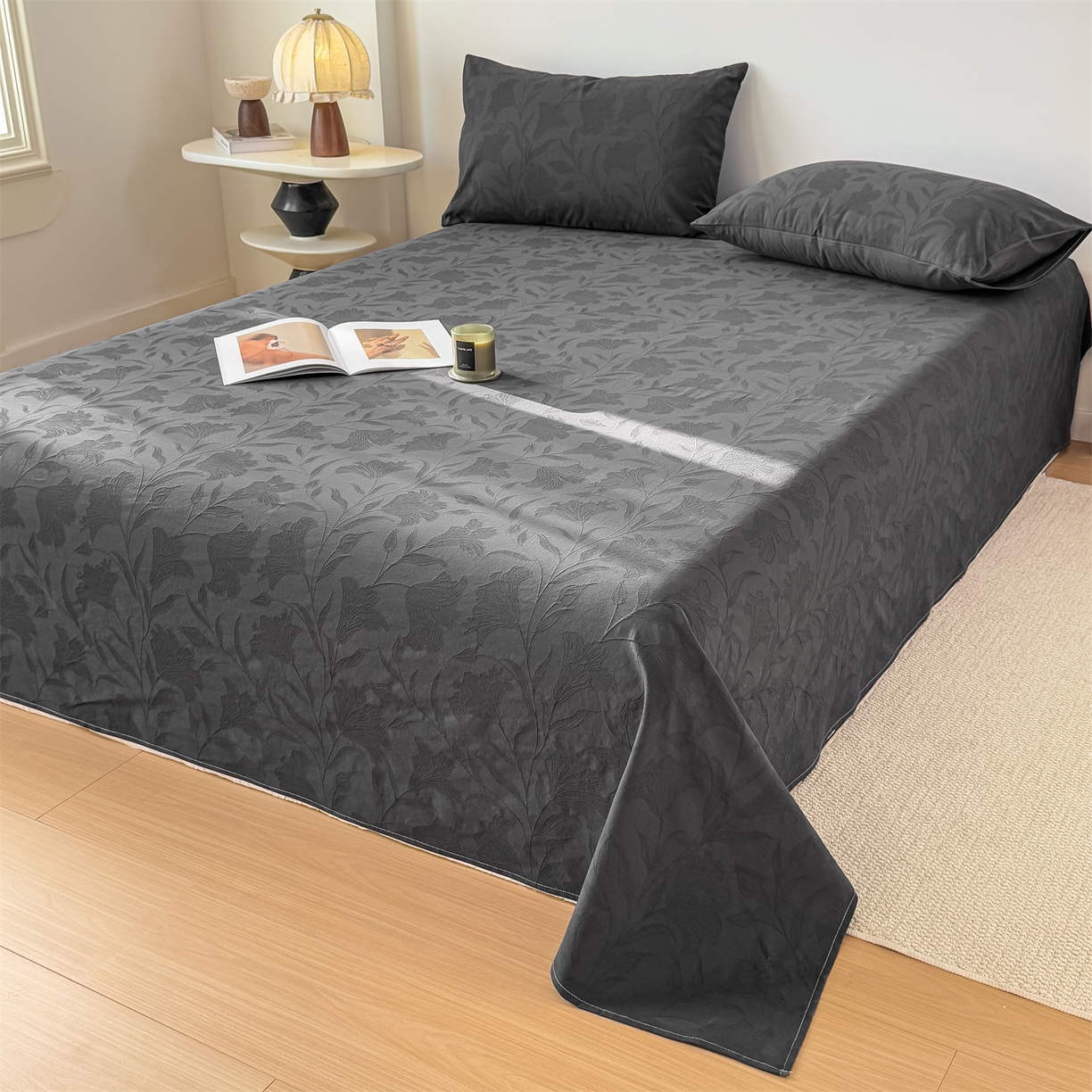 91家纺网 家纺一手货源 找家纺 女子家纺 2026新款全棉厚织三层水洗色织提花床单 芳菲-素墨