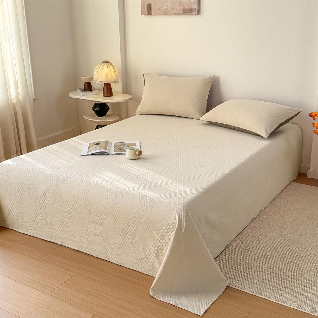 91家纺网 家纺一手货源 找家纺 女子家纺 2026新款全棉厚织三层水洗色织提花床单 维希-可可奶咖