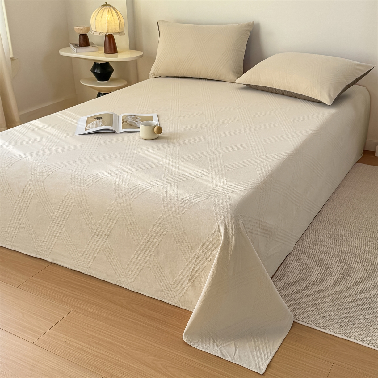 91家纺网 家纺一手货源 找家纺 女子家纺 2026新款全棉厚织三层水洗色织提花床单 维希-可可奶咖