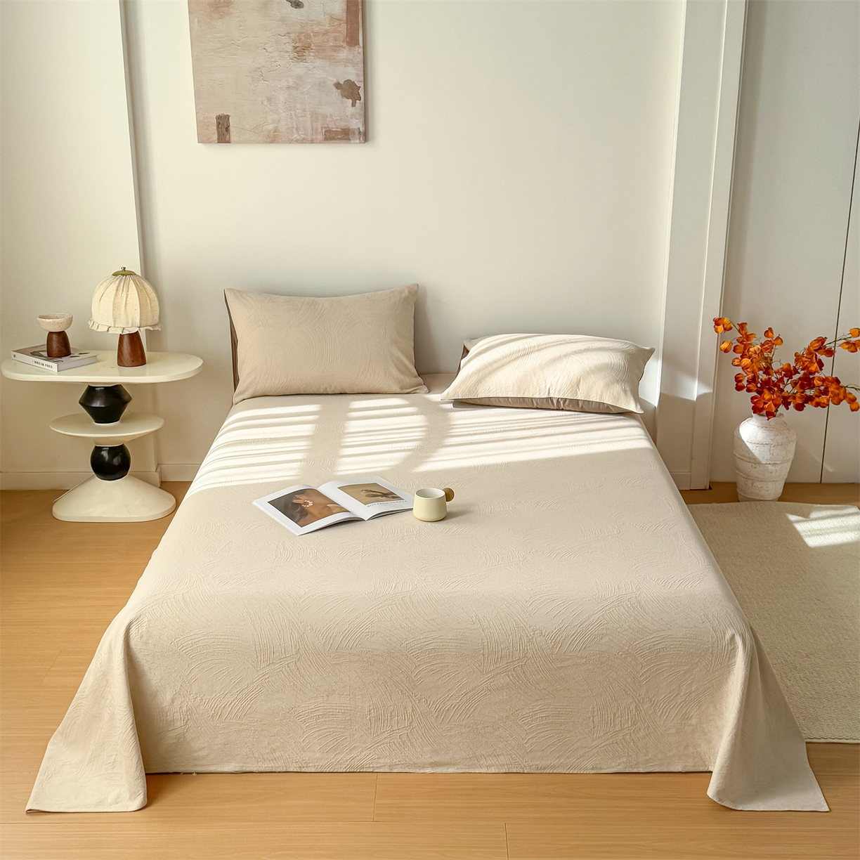 女子家纺 2026新款全棉厚织三层水洗色织提花床单 柔丝漫语-可可奶咖