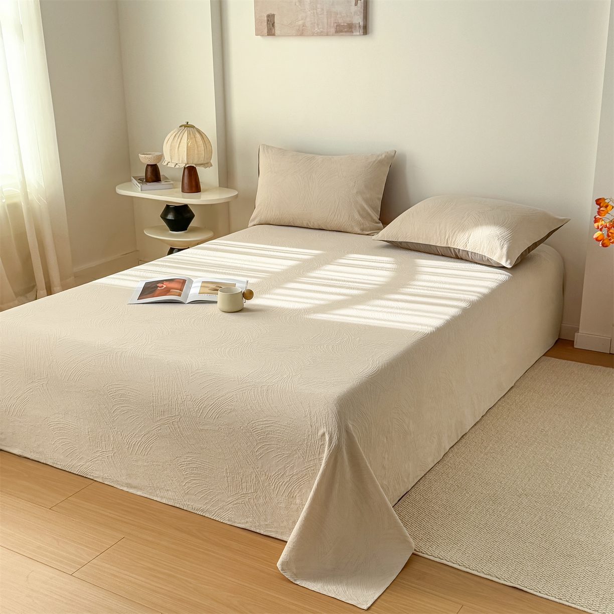 91家纺网 家纺一手货源 找家纺 女子家纺 2026新款全棉厚织三层水洗色织提花床单 柔丝漫语-可可奶咖