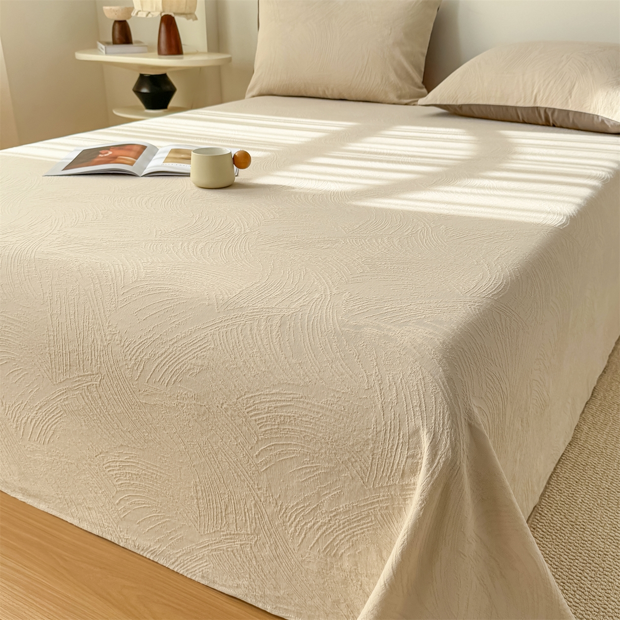 91家纺网 家纺一手货源 找家纺 女子家纺 2026新款全棉厚织三层水洗色织提花床单 柔丝漫语-可可奶咖