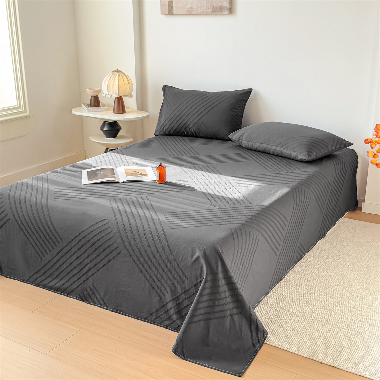 91家纺网 家纺一手货源 找家纺 女子家纺 2026新款全棉厚织三层水洗色织提花床单 云汐-素墨