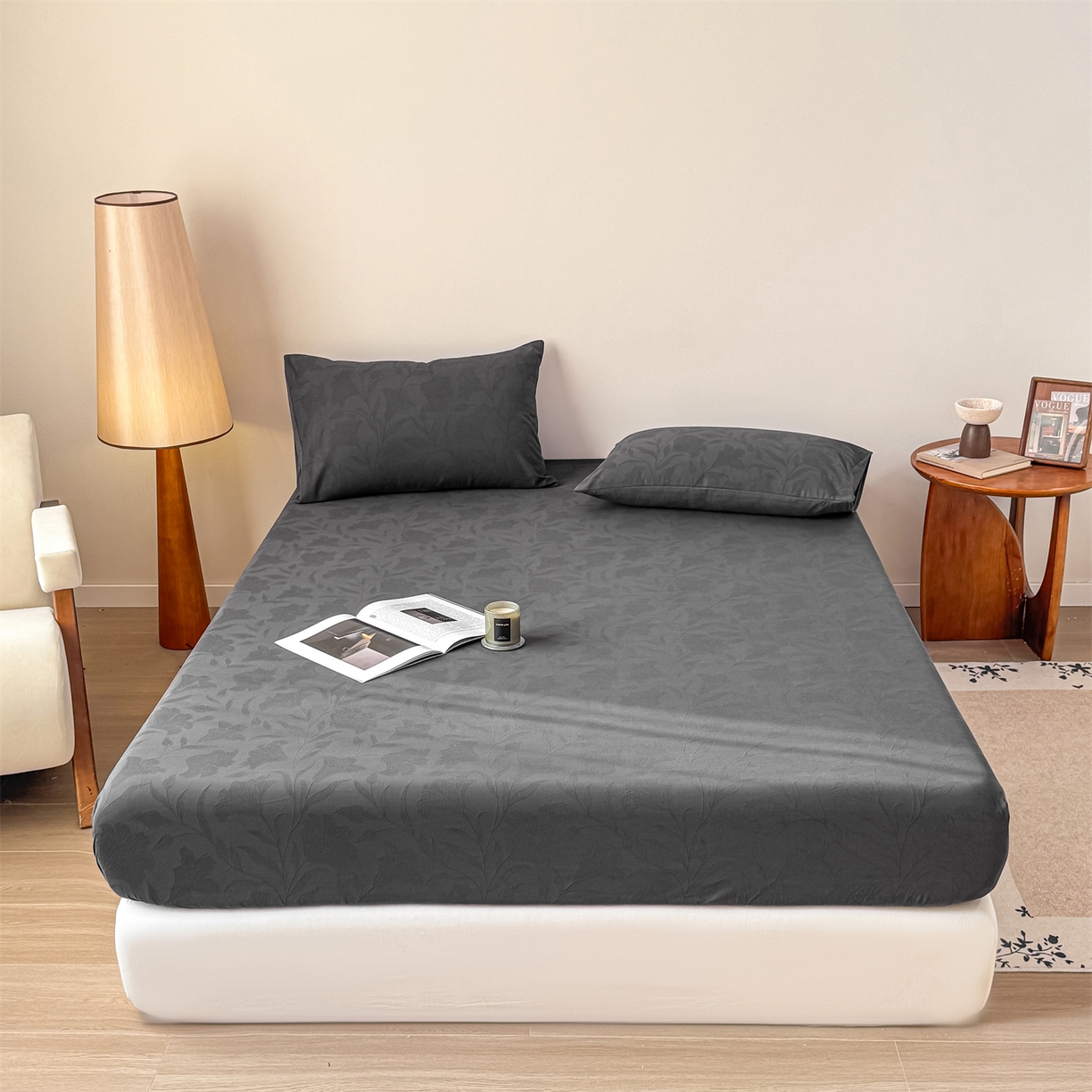 女子家纺 2026新款全棉厚织三层水洗色织提花床笠 芳菲-素墨