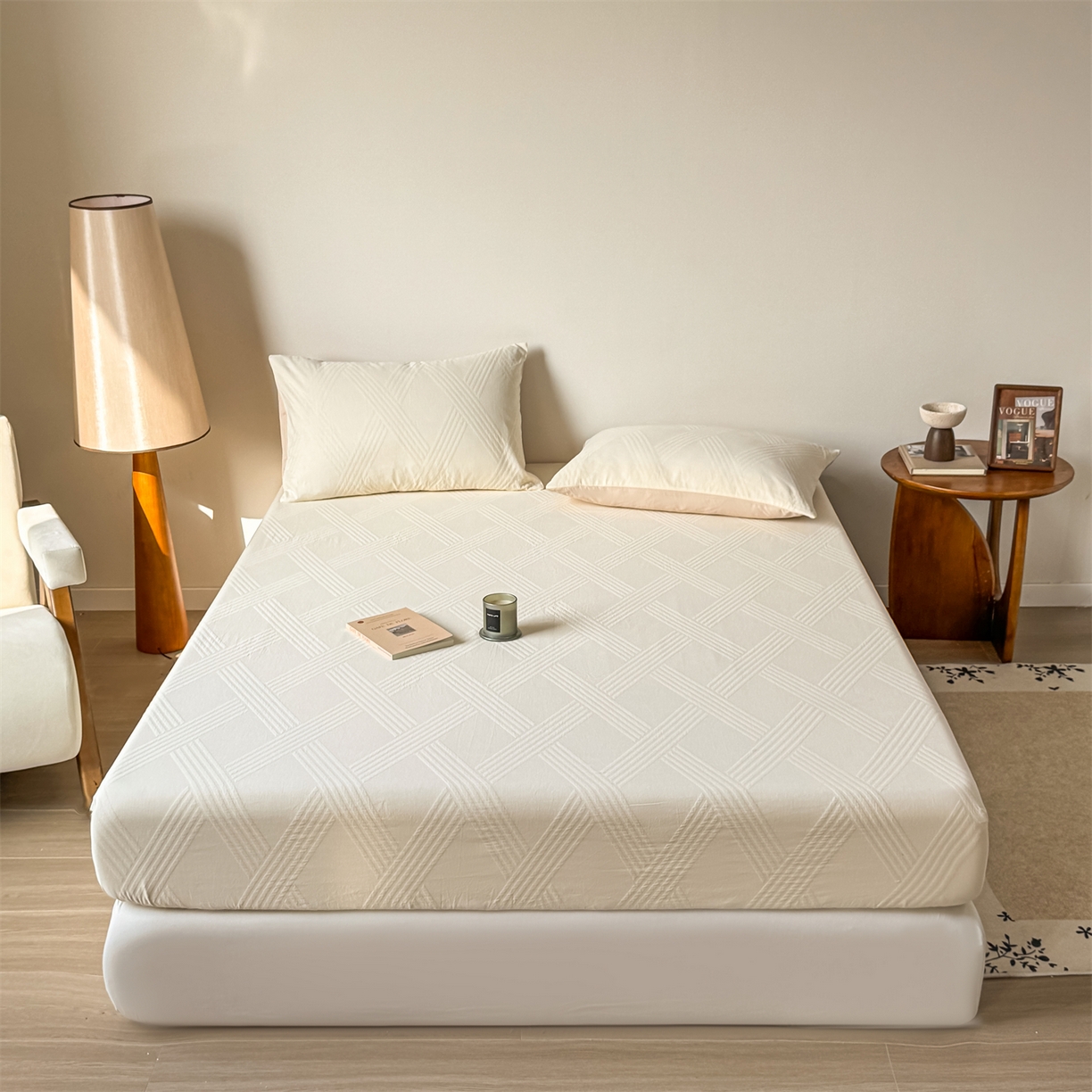 女子家纺 2026新款全棉厚织三层水洗色织提花床笠 维希-杏仁奶霜