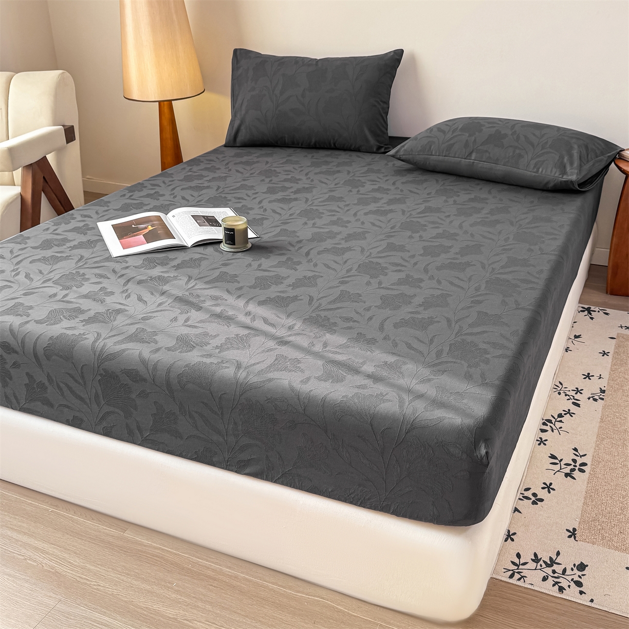 91家纺网 家纺一手货源 找家纺 女子家纺 2026新款全棉厚织三层水洗色织提花床笠 芳菲-素墨