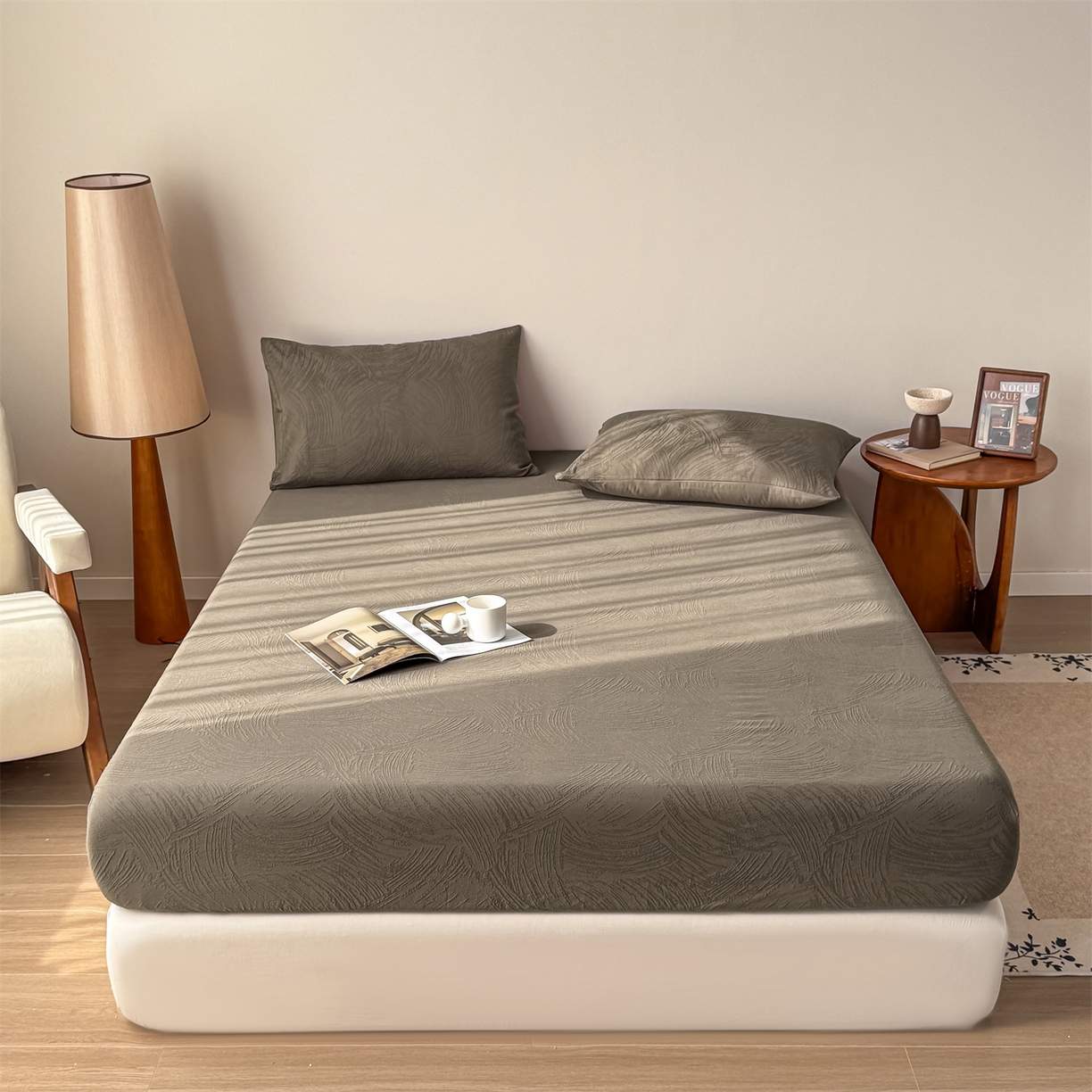 女子家纺 2026新款全棉厚织三层水洗色织提花床笠 柔丝漫语-摩卡