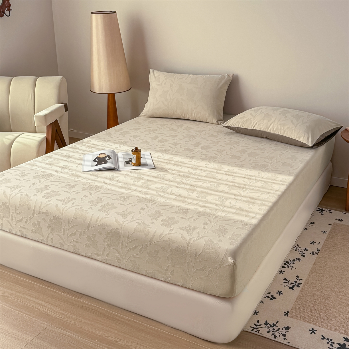 91家纺网 家纺一手货源 找家纺 女子家纺 2026新款全棉厚织三层水洗色织提花床笠 芳菲-可可奶咖