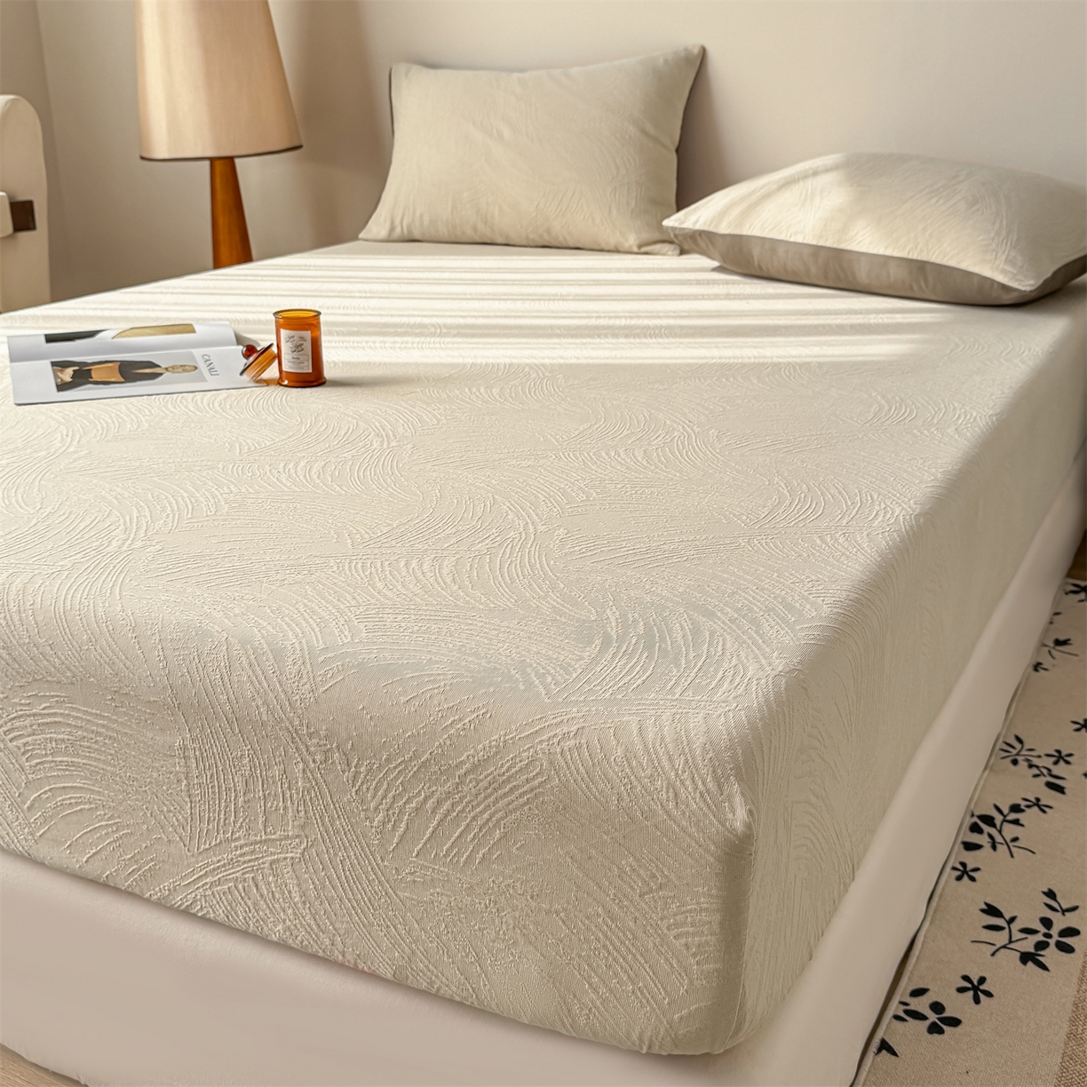 91家纺网 家纺一手货源 找家纺 女子家纺 2026新款全棉厚织三层水洗色织提花床笠 柔丝漫语-可可奶咖