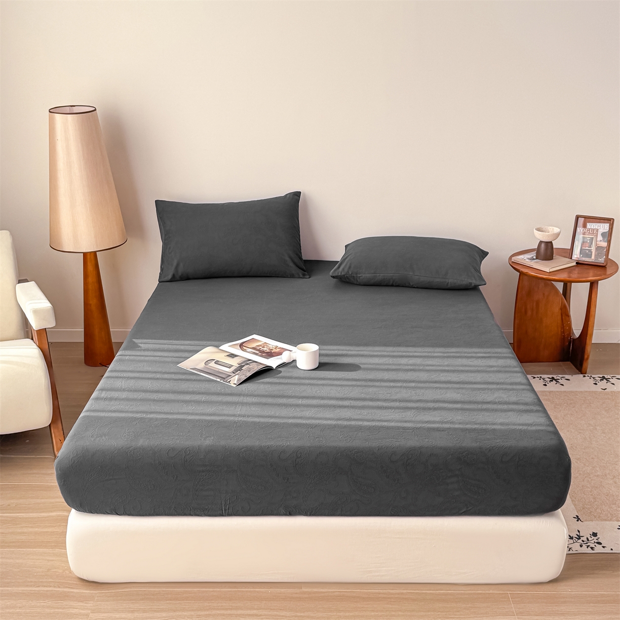 女子家纺 2026新款全棉厚织三层水洗色织提花床笠 罗格西亚-素墨