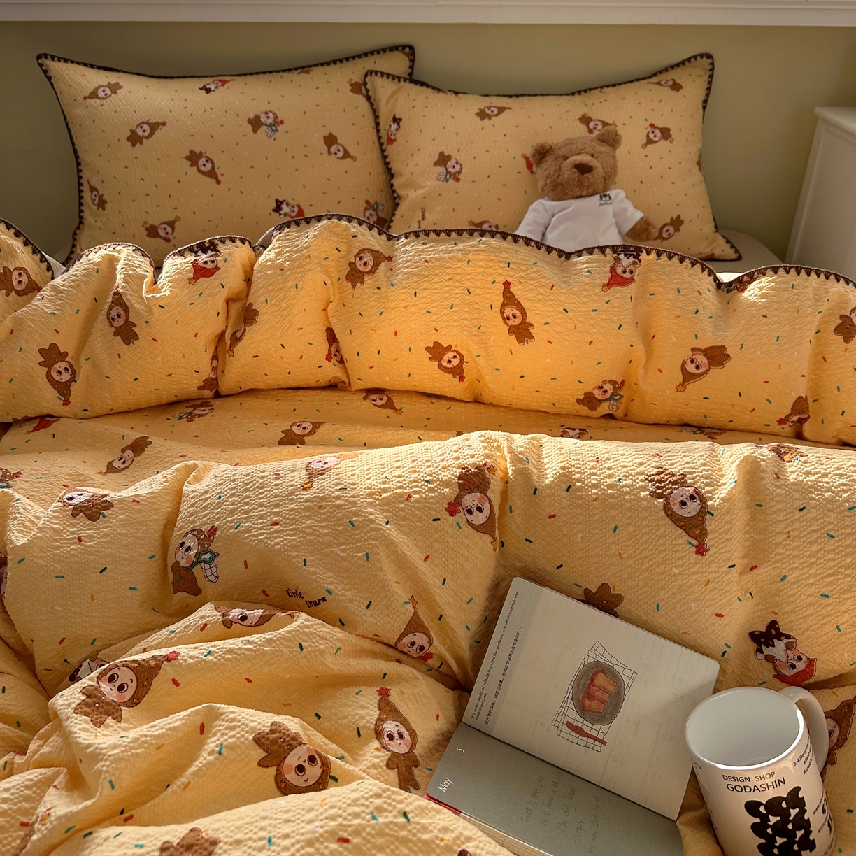 91家纺网 家纺一手货源 找家纺 贝扬思家纺 2026春夏新款高品质A类泡芙纱甜栗贝壳边四件套系列~小红书推荐（110g） 甜栗-星星糖豆