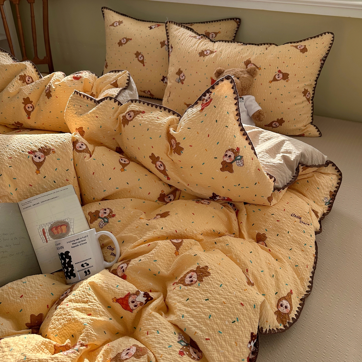 91家纺网 家纺一手货源 找家纺 贝扬思家纺 2026春夏新款高品质A类泡芙纱甜栗贝壳边四件套系列~小红书推荐（110g） 甜栗-星星糖豆