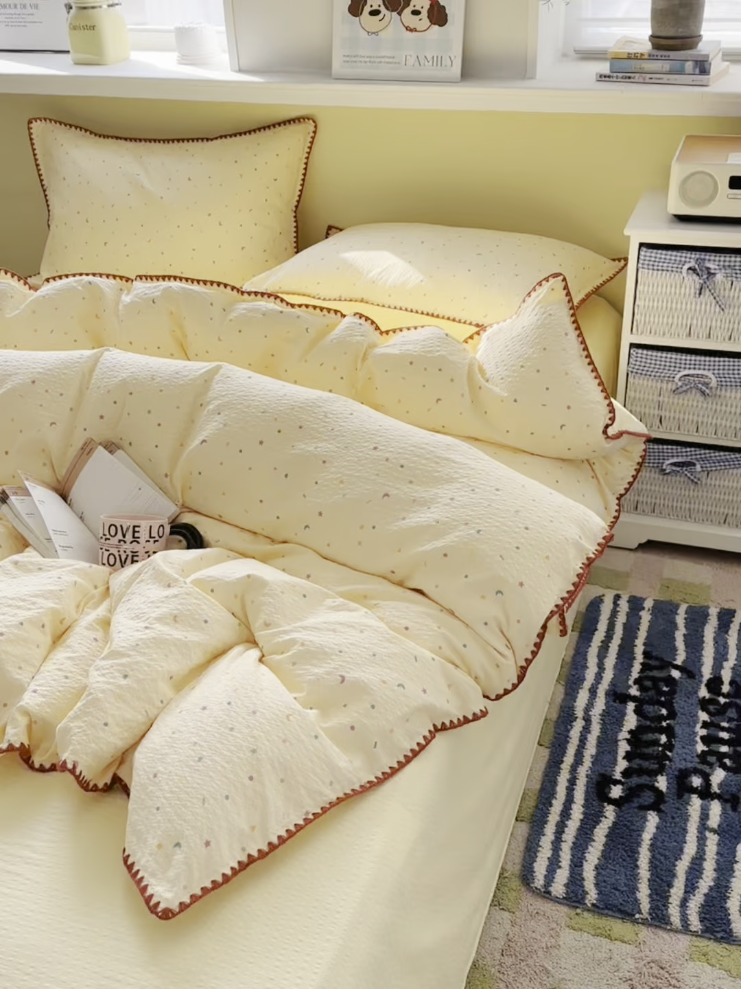 91家纺网 家纺一手货源 找家纺 贝扬思家纺 2026春夏新款高品质A类泡芙纱甜栗贝壳边四件套系列~小红书推荐（110g） 甜栗-星月糖粒