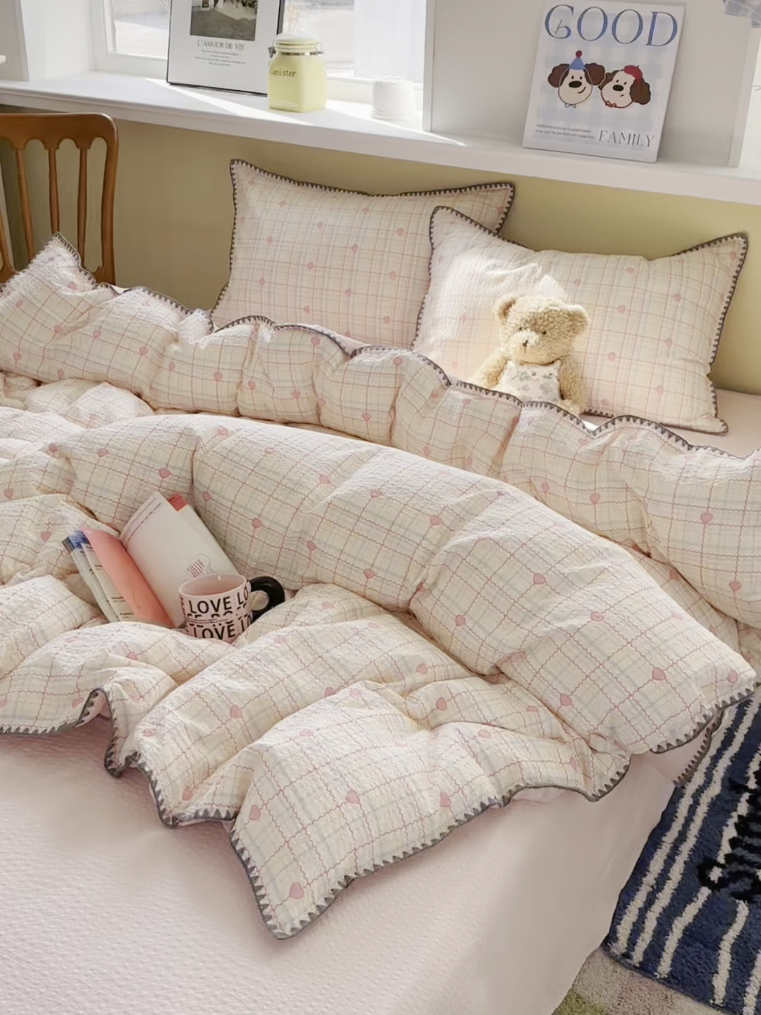 91家纺网 家纺一手货源 找家纺 贝扬思家纺 2026春夏新款高品质A类泡芙纱甜栗贝壳边四件套系列~小红书推荐（110g） 甜栗-格格心