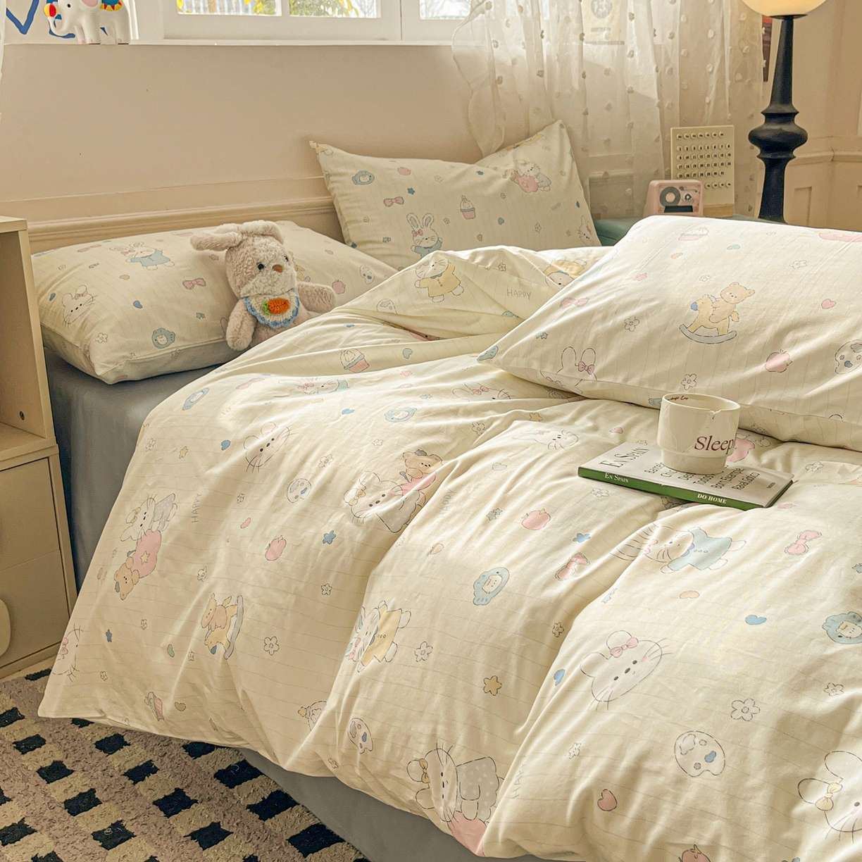 91家纺网 家纺一手货源 找家纺 柠馨 2026春夏新款13372全棉纯棉印花单被套 被套单件-芙拉系列 软萌喵呜