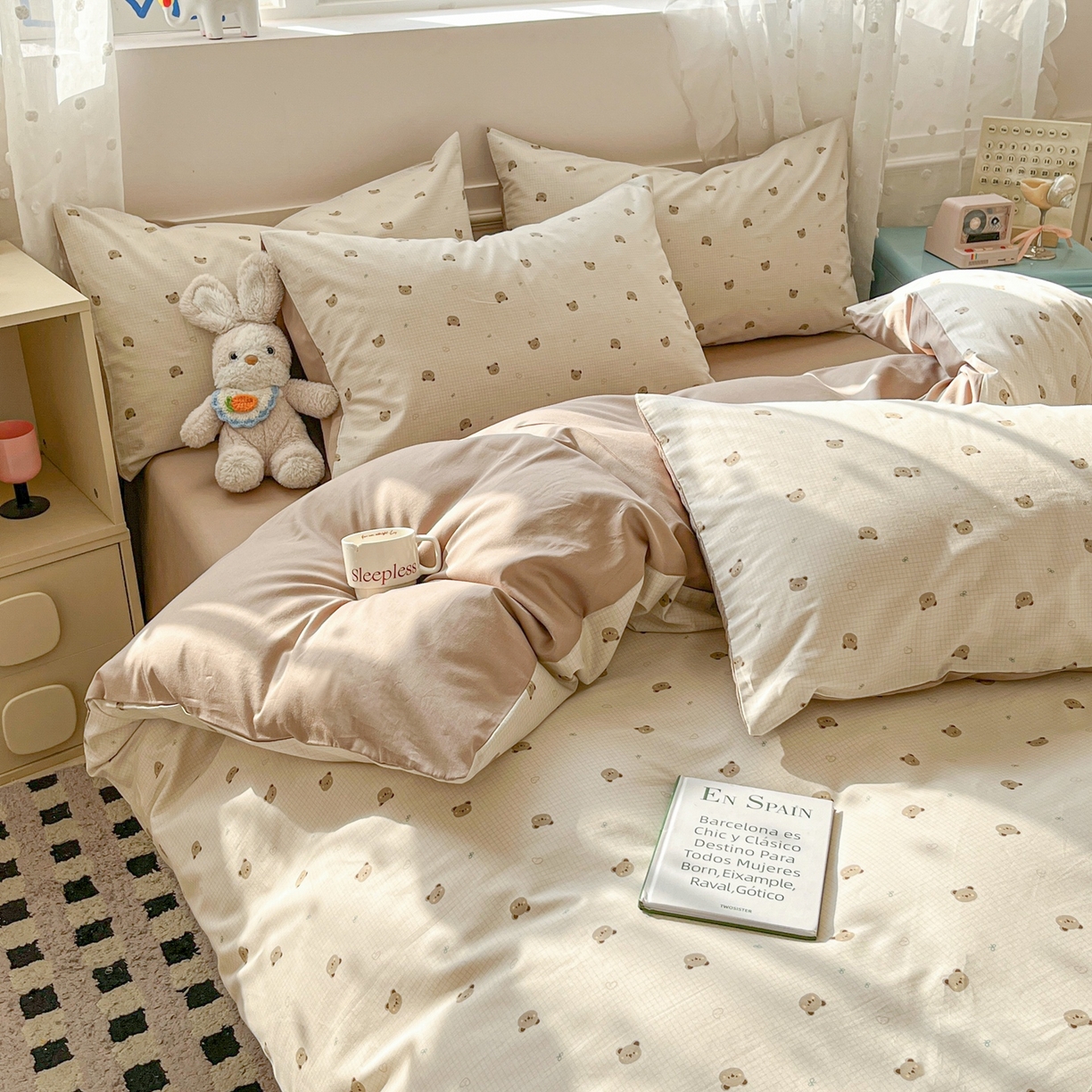 91家纺网 家纺一手货源 找家纺 柠馨 2026春夏新款13372全棉纯棉印花单被套 被套单件-芙拉系列 元气熊-咖