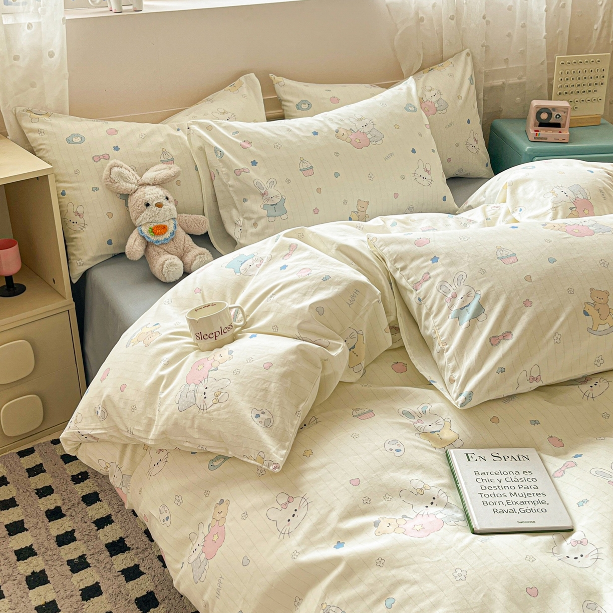 91家纺网 家纺一手货源 找家纺 柠馨 2026春夏新款13372全棉纯棉印花单被套 被套单件-芙拉系列 软萌喵呜