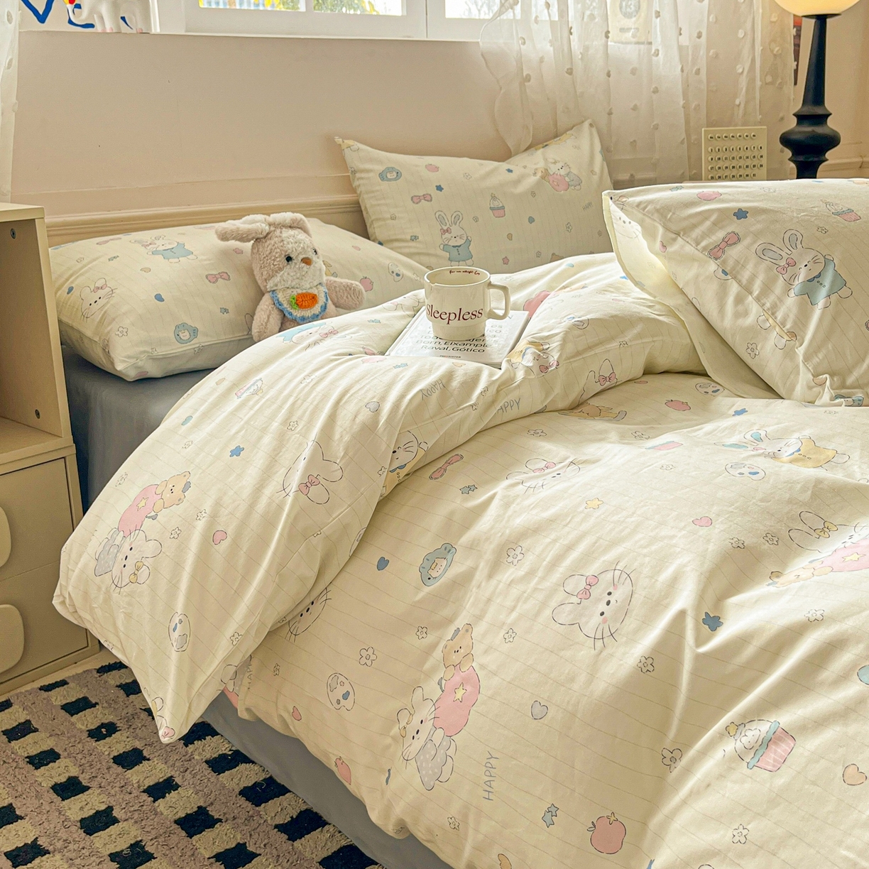 91家纺网 家纺一手货源 找家纺 柠馨 2026春夏新款13372全棉纯棉印花单被套 被套单件-芙拉系列 软萌喵呜