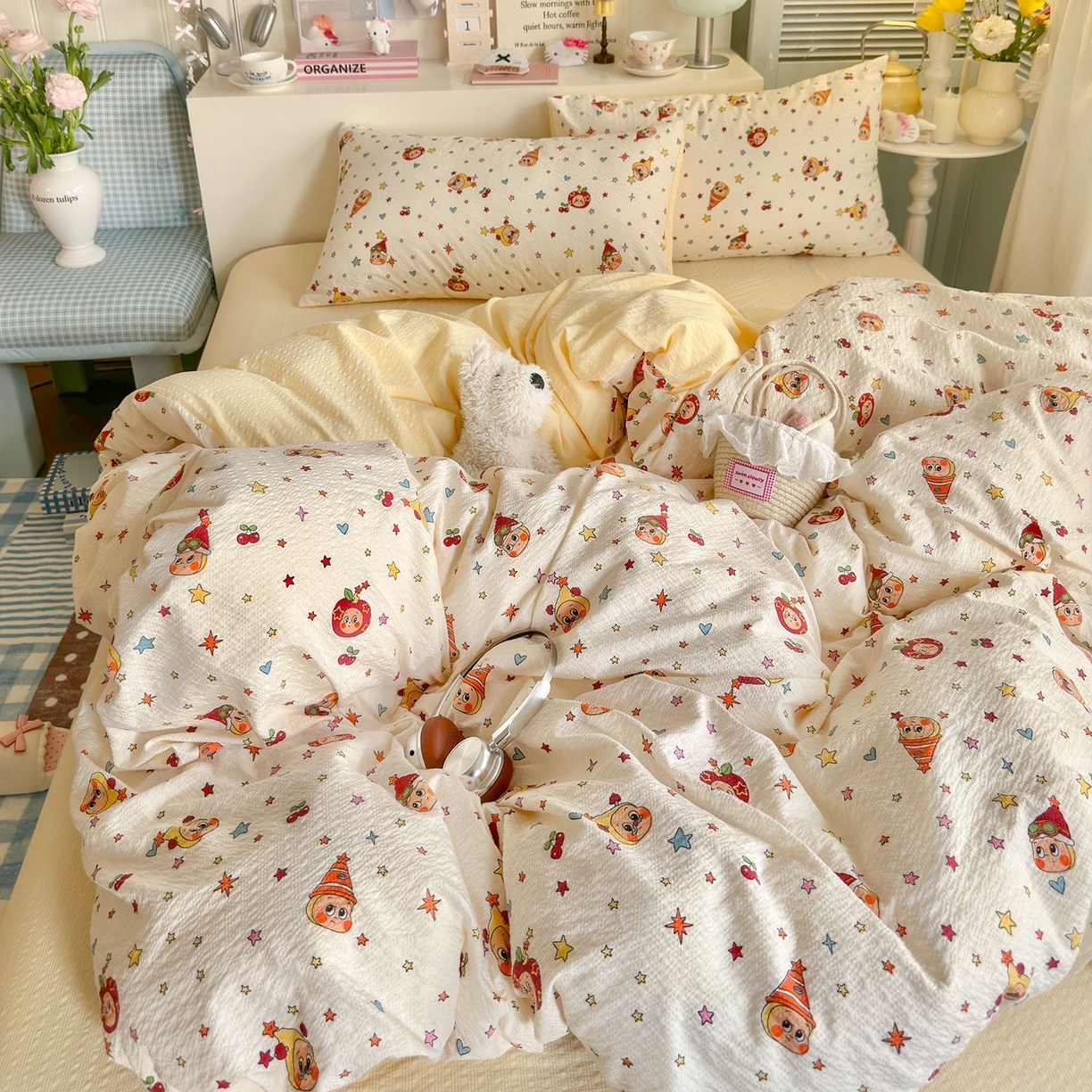 91家纺网 家纺一手货源 找家纺 （总）优选 2026新款110g小清新高克重高品质直播热卖款A类泡芙棉双层纱四件套