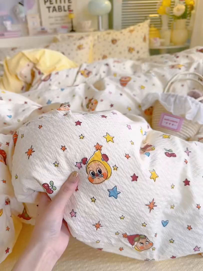 91家纺网 家纺一手货源 找家纺 （总）优选 2026新款110g小清新高克重高品质直播热卖款A类泡芙棉双层纱四件套