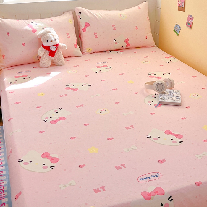 瑞莱 2026新款纯棉全棉单品印花卡通床单枕套系列 蝴蝶结猫咪