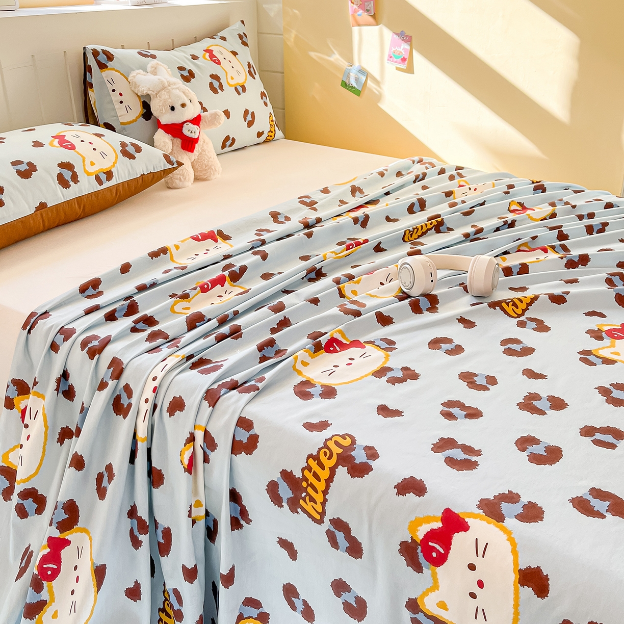 91家纺网 家纺一手货源 找家纺 瑞莱 2026新款纯棉全棉单品印花卡通床单枕套系列 千禧猫