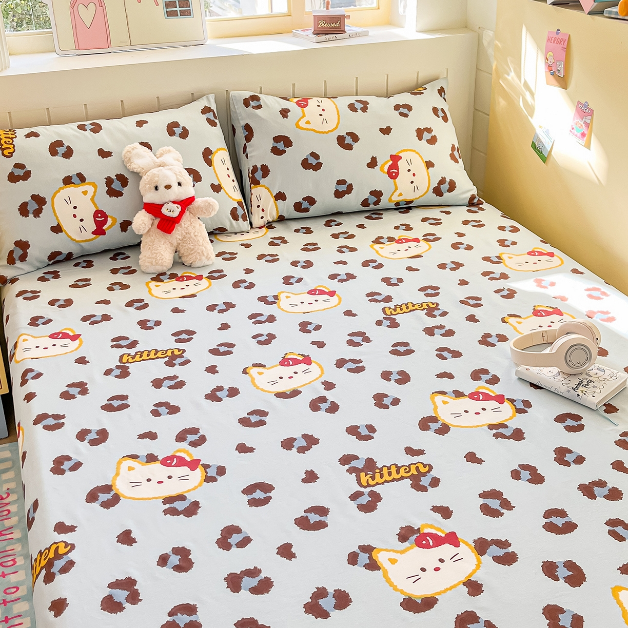 91家纺网 家纺一手货源 找家纺 瑞莱 2026新款纯棉全棉单品印花卡通床单枕套系列 千禧猫