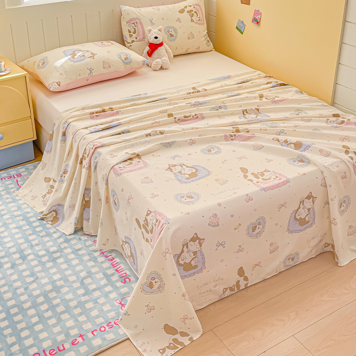 91家纺网 家纺一手货源 找家纺 瑞莱 2026新款纯棉全棉单品印花卡通床单枕套系列 软萌萌