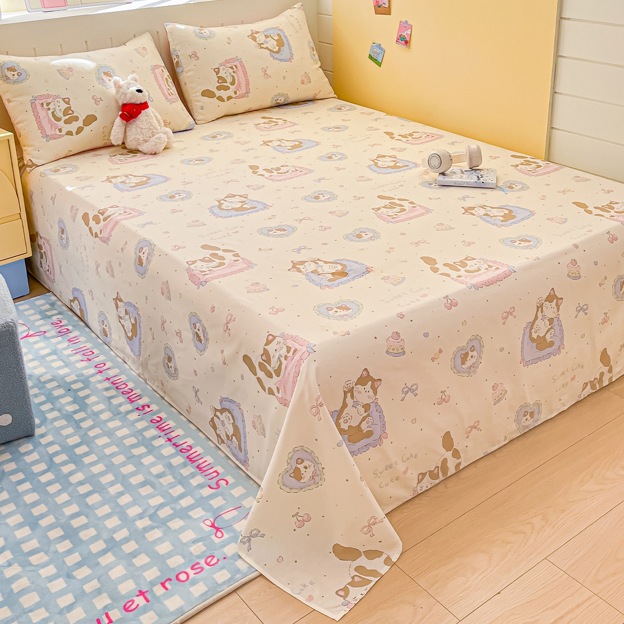 91家纺网 家纺一手货源 找家纺 瑞莱 2026新款纯棉全棉单品印花卡通床单枕套系列 软萌萌