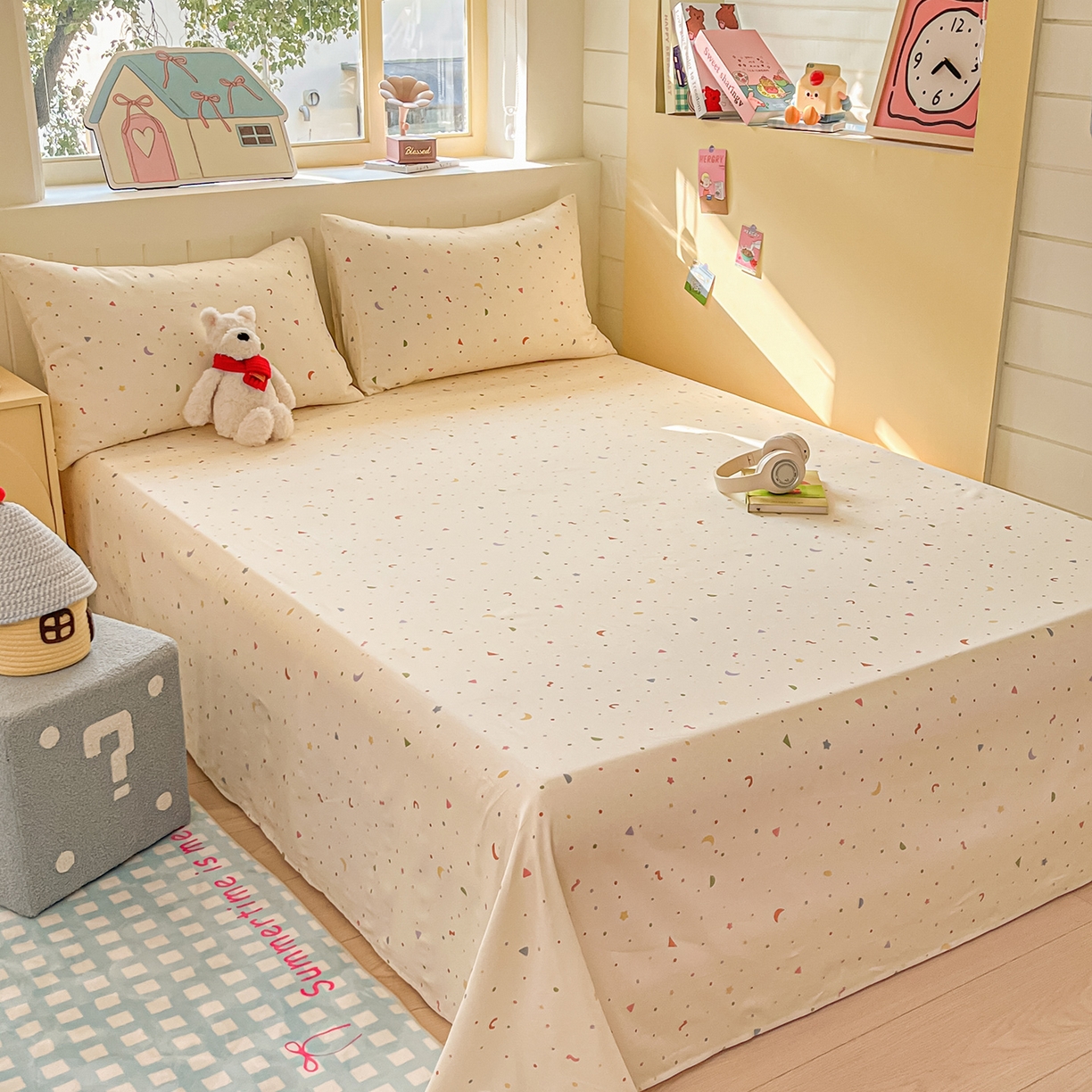 91家纺网 家纺一手货源 找家纺 瑞莱 2026新款纯棉全棉单品印花卡通床单枕套系列 繁星点点