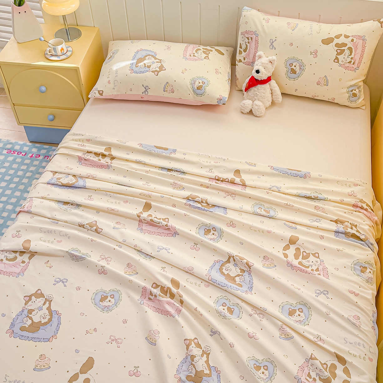 91家纺网 家纺一手货源 找家纺 瑞莱 2026新款纯棉全棉单品印花卡通床单枕套系列 软萌萌