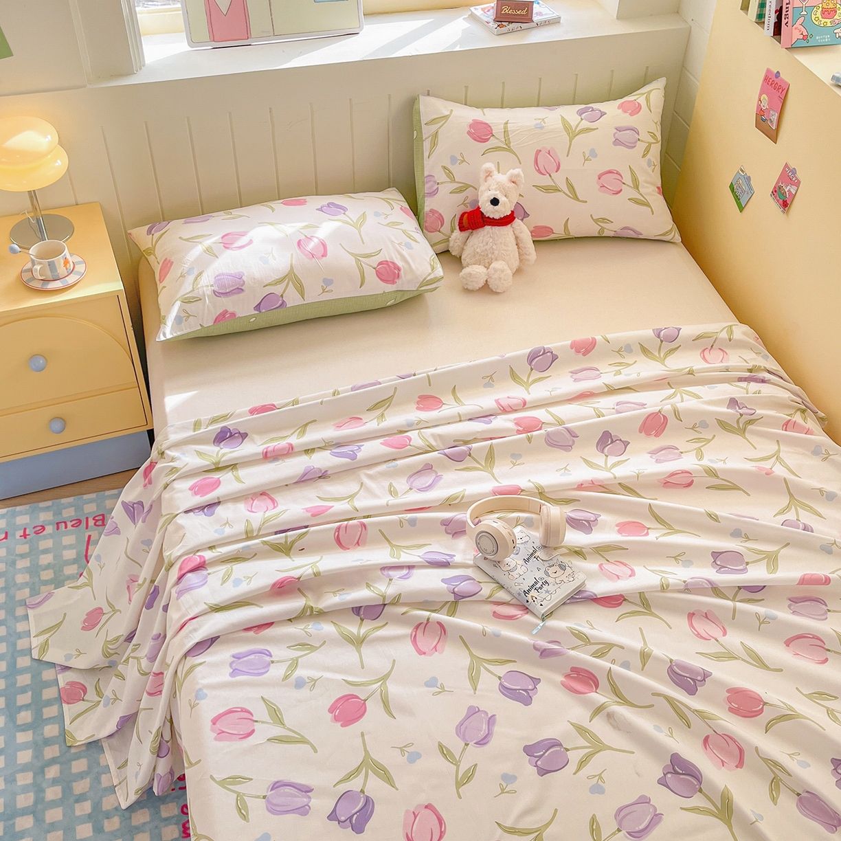 91家纺网 家纺一手货源 找家纺 瑞莱 2026新款纯棉全棉单品印花卡通床单枕套系列 绽放