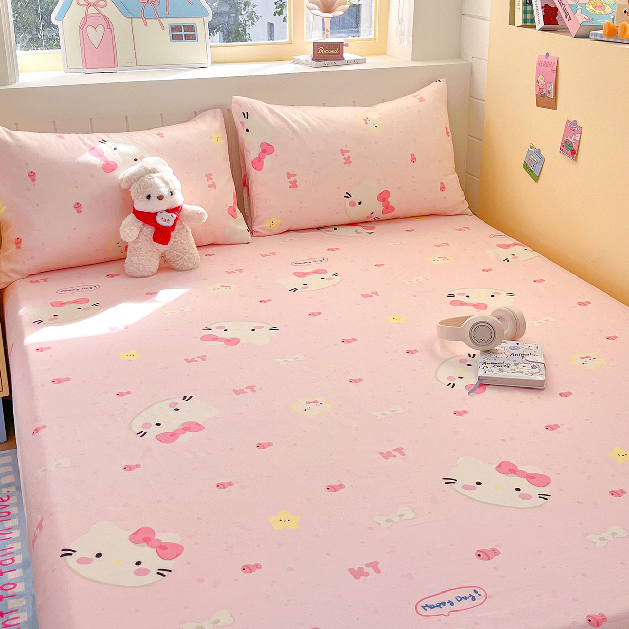 91家纺网 家纺一手货源 找家纺 瑞莱 2026新款纯棉全棉单品印花卡通床单枕套系列 蝴蝶结猫咪