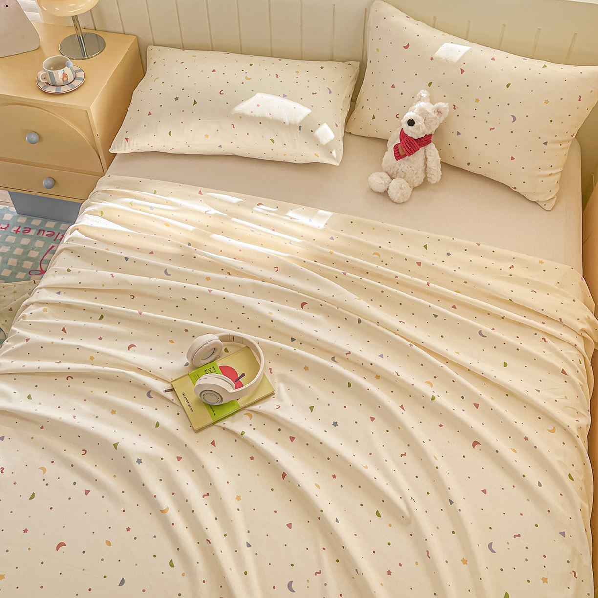 91家纺网 家纺一手货源 找家纺 瑞莱 2026新款纯棉全棉单品印花卡通床单枕套系列 繁星点点