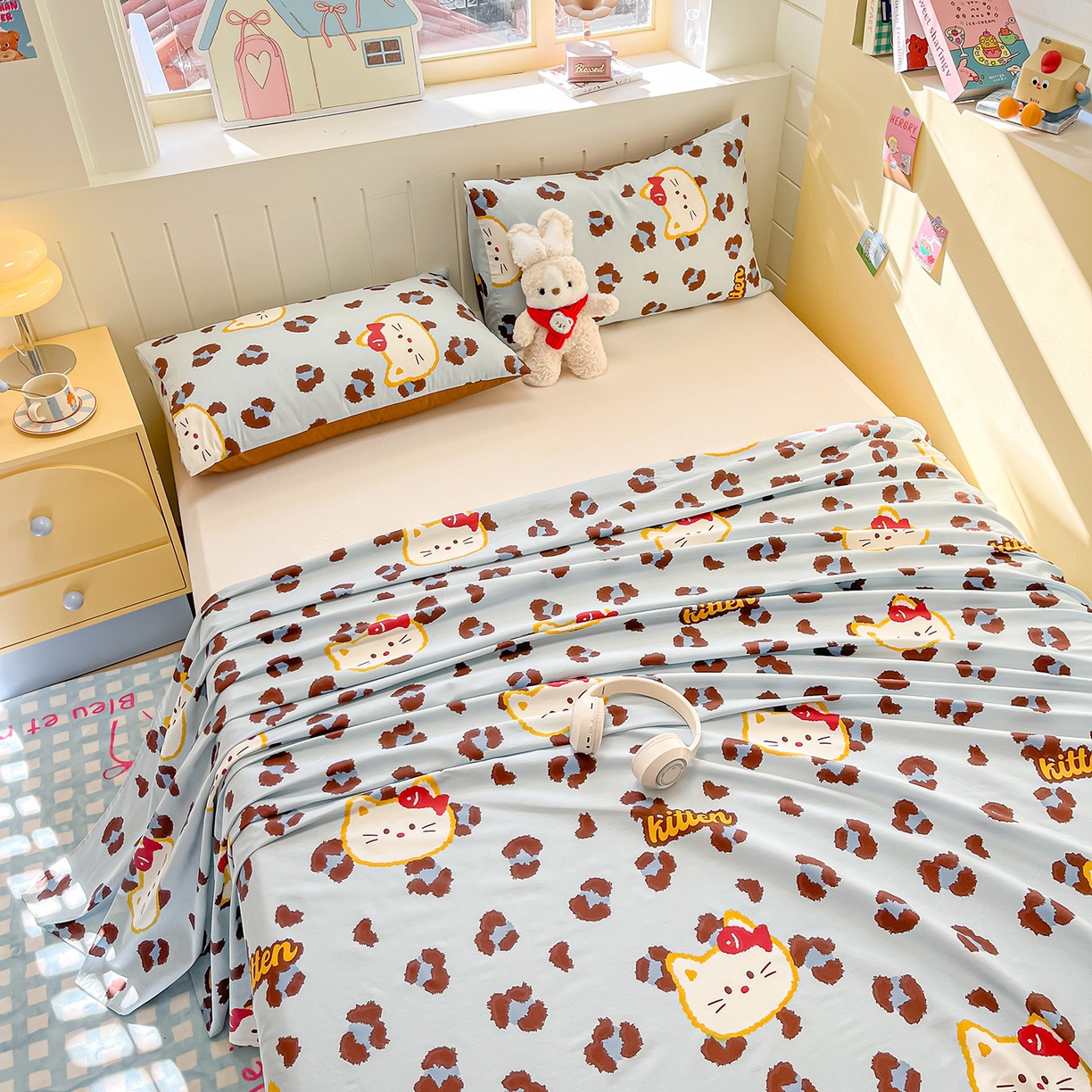 91家纺网 家纺一手货源 找家纺 瑞莱 2026新款纯棉全棉单品印花卡通床单枕套系列 千禧猫