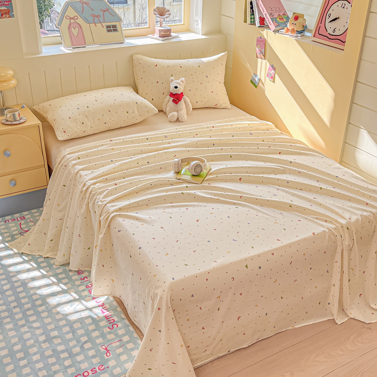 91家纺网 家纺一手货源 找家纺 瑞莱 2026新款纯棉全棉单品印花卡通床单枕套系列 繁星点点