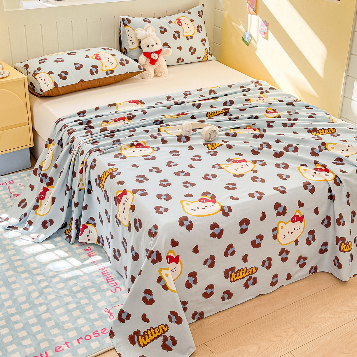 91家纺网 家纺一手货源 找家纺 瑞莱 2026新款纯棉全棉单品印花卡通床单枕套系列 千禧猫