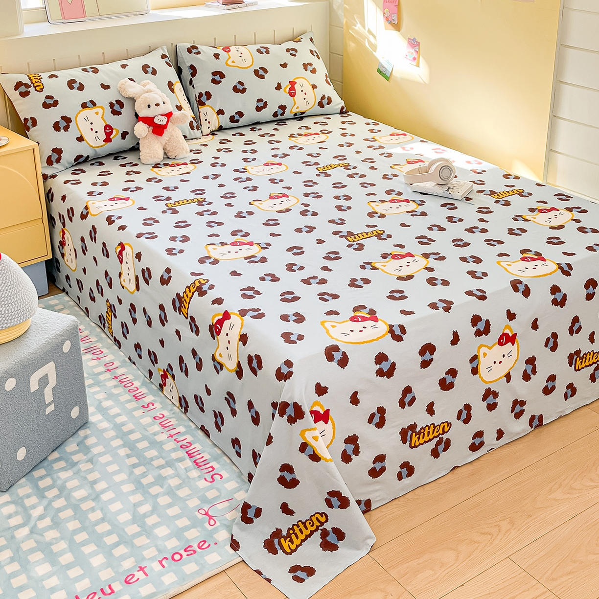 91家纺网 家纺一手货源 找家纺 瑞莱 2026新款纯棉全棉单品印花卡通床单枕套系列 千禧猫