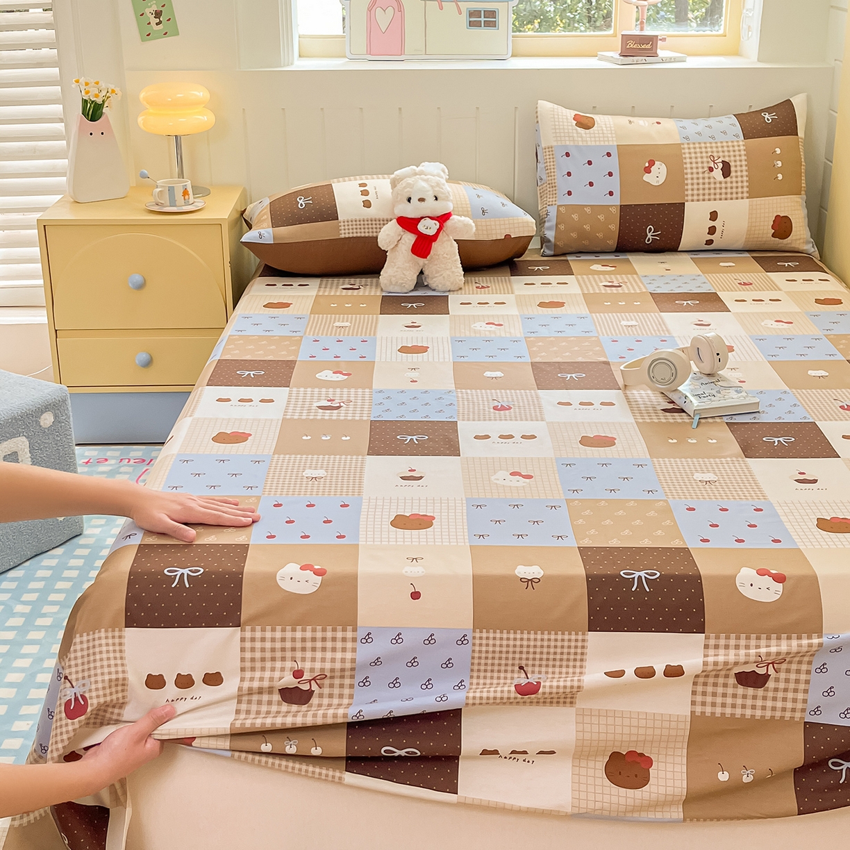 91家纺网 家纺一手货源 找家纺 瑞莱 2026新款纯棉全棉单品印花卡通床单枕套系列 樱桃猫咪