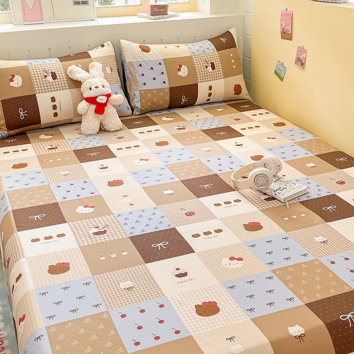 91家纺网 家纺一手货源 找家纺 瑞莱 2026新款纯棉全棉单品印花卡通床单枕套系列 樱桃猫咪