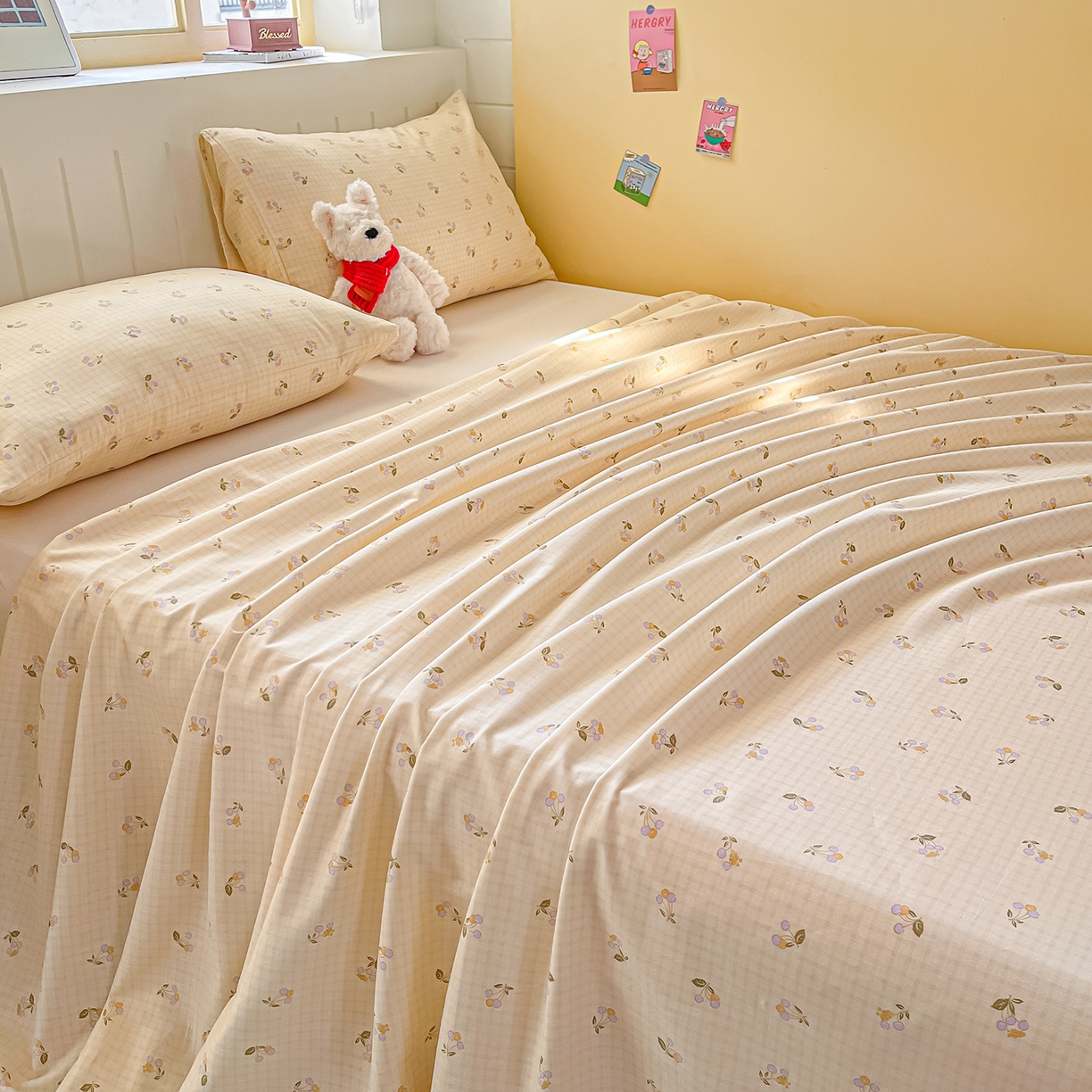 91家纺网 家纺一手货源 找家纺 瑞莱 2026新款纯棉全棉单品印花卡通床单枕套系列 樱桃格