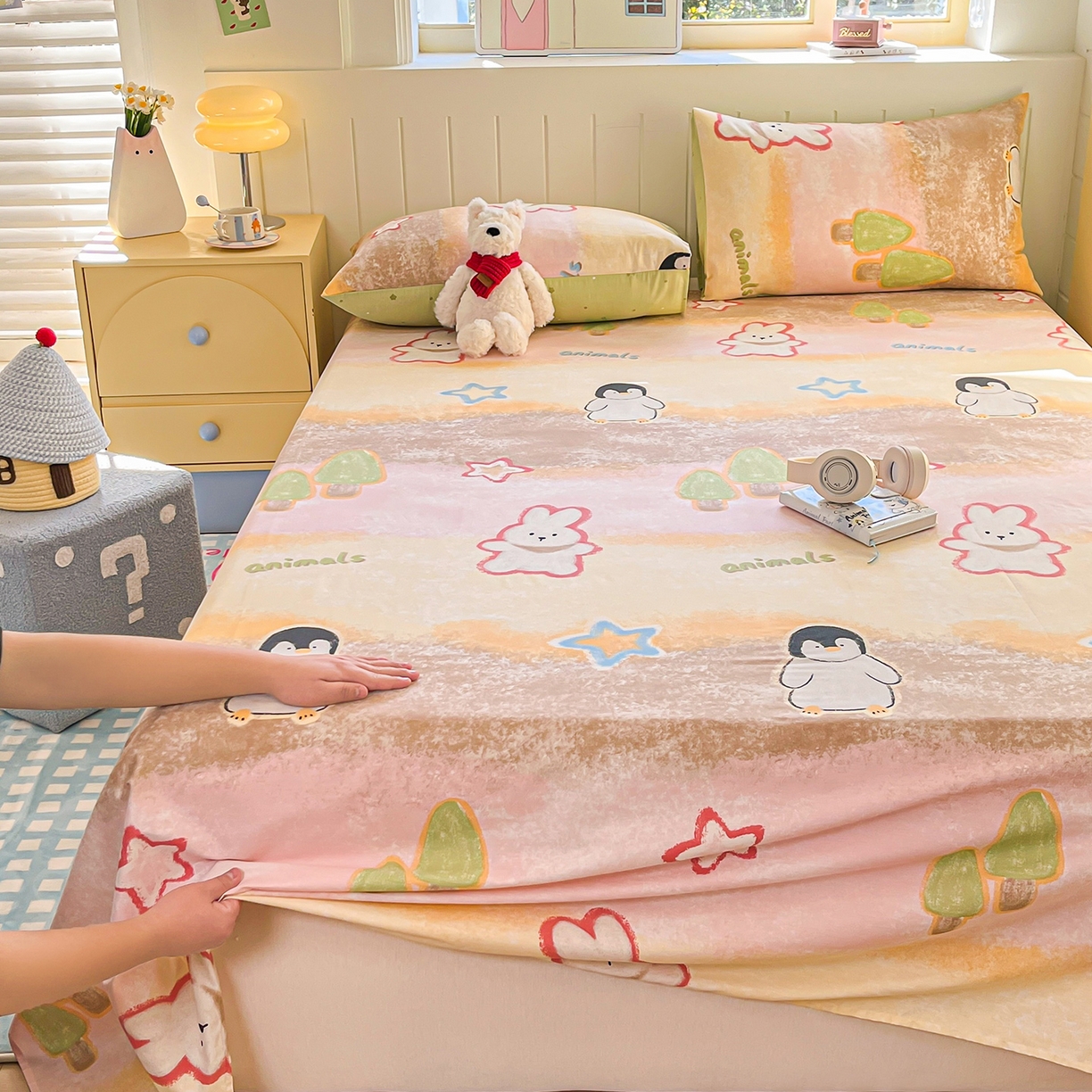 91家纺网 家纺一手货源 找家纺 瑞莱 2026新款纯棉全棉单品印花卡通床单枕套系列 呆萌企鹅